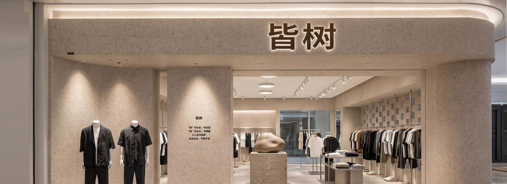 皆树真实门店正面,保留皆树招牌及服装陈列